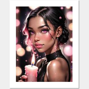 Candle Holding Beautiful Anime Girl of Color Posters and Art